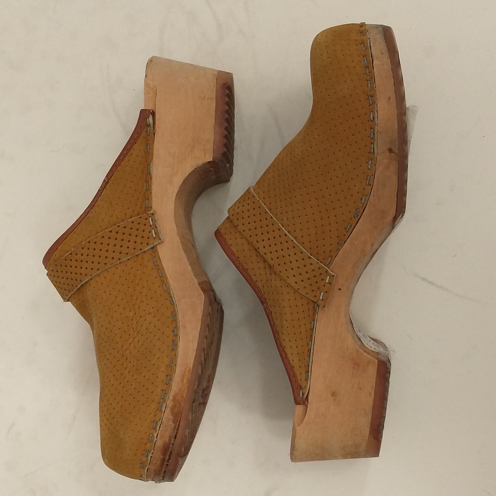 Vintage Swedish Leather & Wood Clogs Olaf Daughter Sweden Carmel Color 80s - Picture 4 of 11